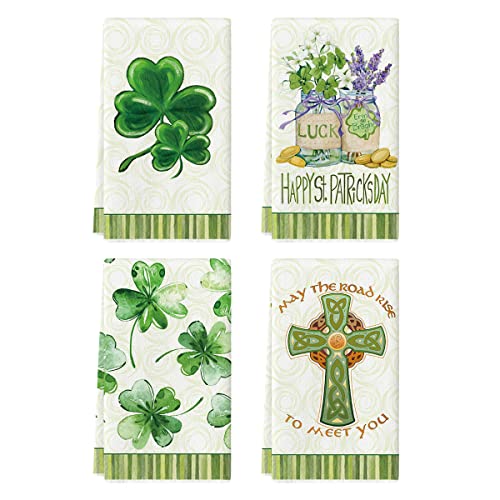 Artoid Mode Shamrock Vase Cross Happy St. Patrick's Day Kitchen Towels Dish Towels, 18x26 Inch Seasonal Spring Decoration Hand Towels Set of 4