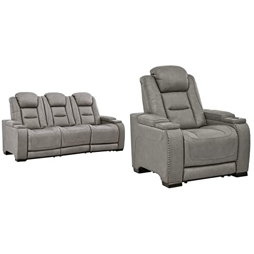 Signature Design by Ashley The Man-Den Leather Power Reclining Sofa, Gray & The Man-Den Leather Power Recliner with Adjustable Headrest & Wireless Charging, Gray