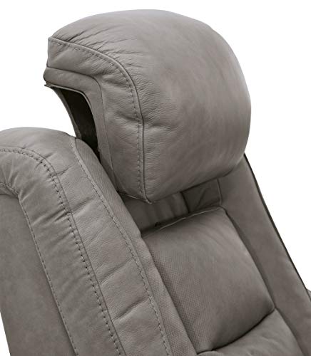 Signature Design by Ashley The Man-Den Leather Power Reclining Sofa, Gray & The Man-Den Leather Power Recliner with Adjustable Headrest & Wireless Charging, Gray