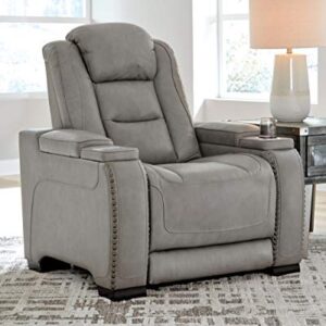 Signature Design by Ashley The Man-Den Leather Power Reclining Sofa, Gray & The Man-Den Leather Power Recliner with Adjustable Headrest & Wireless Charging, Gray