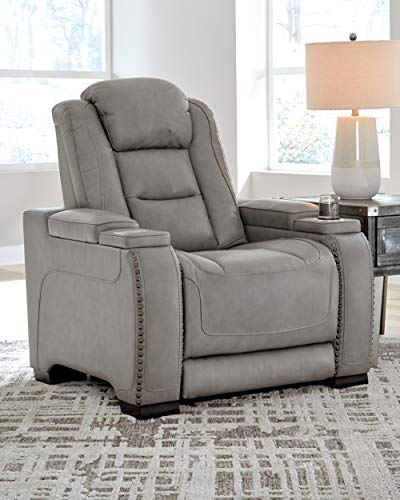 Signature Design by Ashley The Man-Den Leather Power Reclining Sofa, Gray & The Man-Den Leather Power Recliner with Adjustable Headrest & Wireless Charging, Gray