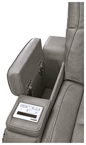 Signature Design by Ashley The Man-Den Leather Power Reclining Sofa, Gray & The Man-Den Leather Power Recliner with Adjustable Headrest & Wireless Charging, Gray