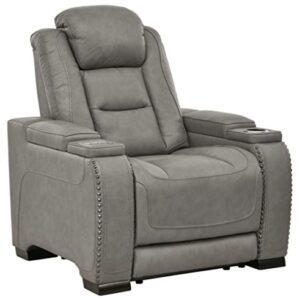 Signature Design by Ashley The Man-Den Leather Power Reclining Sofa, Gray & The Man-Den Leather Power Recliner with Adjustable Headrest & Wireless Charging, Gray