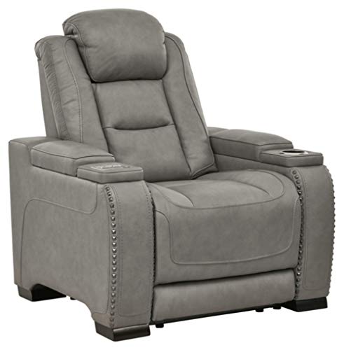 Signature Design by Ashley The Man-Den Leather Power Reclining Sofa, Gray & The Man-Den Leather Power Recliner with Adjustable Headrest & Wireless Charging, Gray