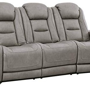 Signature Design by Ashley The Man-Den Leather Power Reclining Sofa, Gray & The Man-Den Leather Power Recliner with Adjustable Headrest & Wireless Charging, Gray