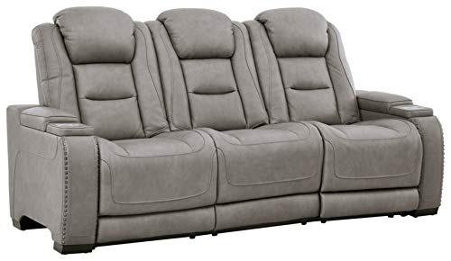 Signature Design by Ashley The Man-Den Leather Power Reclining Sofa, Gray & The Man-Den Leather Power Recliner with Adjustable Headrest & Wireless Charging, Gray