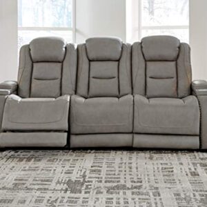 Signature Design by Ashley The Man-Den Leather Power Reclining Sofa, Gray & The Man-Den Leather Power Recliner with Adjustable Headrest & Wireless Charging, Gray