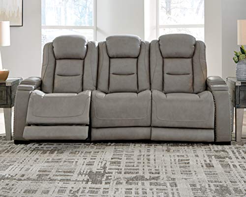 Signature Design by Ashley The Man-Den Leather Power Reclining Sofa, Gray & The Man-Den Leather Power Recliner with Adjustable Headrest & Wireless Charging, Gray