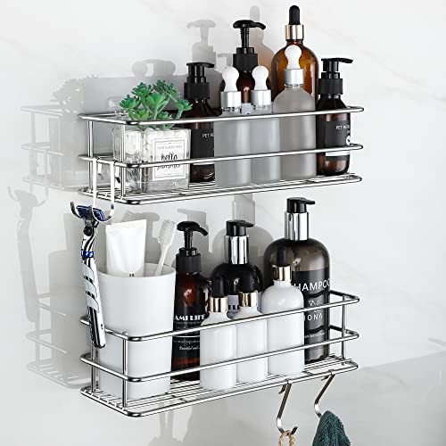 ENIBOE Shower Caddy Adhesive Shower Shelves with 4 Hooks Shower Organizer No Drilling Shower Racks for Inside Shower Wall Mounted Shower Storage for Bathroom Kitchen, Sliver