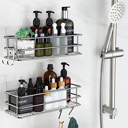 ENIBOE Shower Caddy Adhesive Shower Shelves with 4 Hooks Shower Organizer No Drilling Shower Racks for Inside Shower Wall Mounted Shower Storage for Bathroom Kitchen, Sliver