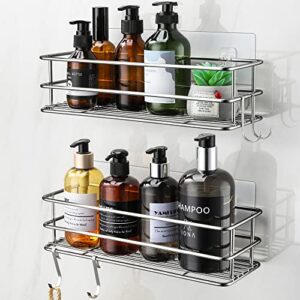 ENIBOE Shower Caddy Adhesive Shower Shelves with 4 Hooks Shower Organizer No Drilling Shower Racks for Inside Shower Wall Mounted Shower Storage for Bathroom Kitchen, Sliver