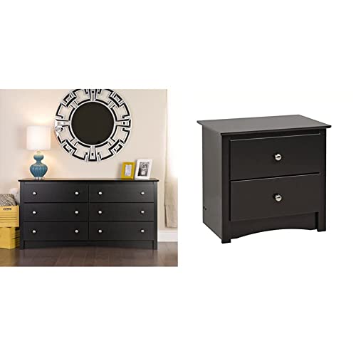 Sonoma 6 Drawer Double Dresser for Bedroom, Black & Sonoma 2-Drawer Nightstand, Black