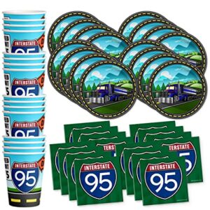 semi truck (tractor trailer) birthday party supplies set plates napkins cups tableware kit for 16