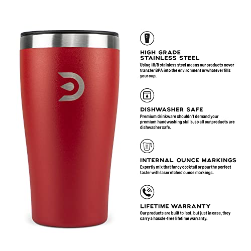 DrinkTanks Insulated Craft Pint Cup - 16 oz Vacuum Insulated Stainless Steel Mug with Lid; Hot/Cold perfect for coffee, iced tea, beer, cocktails, wine, kombucha; Dishwasher Safe (Crimson)