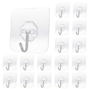 yikuer transparent adhesive hooks 30 lb(max), waterproof & oilproof reusable seamless hooks, heavy duty wall hook for kitchen bathroom office (20), (20hook), 2.36