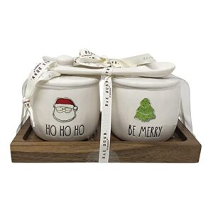 rae dunn christmas ceramic jam/jelly set with wooden tray and 2 spoons