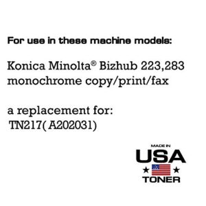 MADE IN USA TONER Compatible Replacement for Konica Minolta Bizhub 223, 283, TN-217, TN217 A202031 (Black, 1 Cartridge)