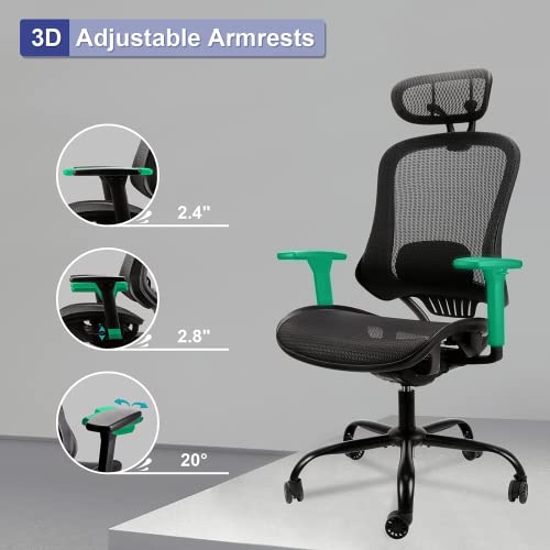 Komene Ergonomic Office Chair High Back Computer Chair Breathable Mesh Desk Chair, Adjustable Headrest and Lumbar Support with 3D Armrest Heavy-Duty Swivel Task Chair, Maximum Load 300lbs