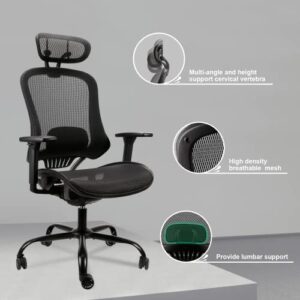 Komene Ergonomic Office Chair High Back Computer Chair Breathable Mesh Desk Chair, Adjustable Headrest and Lumbar Support with 3D Armrest Heavy-Duty Swivel Task Chair, Maximum Load 300lbs