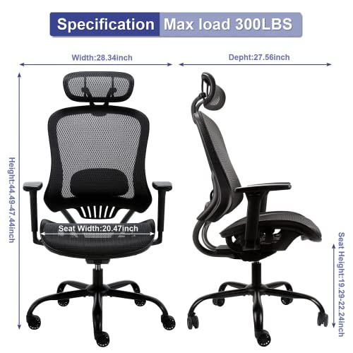 Komene Ergonomic Office Chair High Back Computer Chair Breathable Mesh Desk Chair, Adjustable Headrest and Lumbar Support with 3D Armrest Heavy-Duty Swivel Task Chair, Maximum Load 300lbs