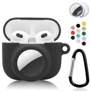 2 in 1 protective case combo set compatible for apple airpods 3(2021) airtag, gps tracker holder with 2 pcs tpu screen protector&keychain, soft silicone anti-lost anti-scratch skin cover(black)