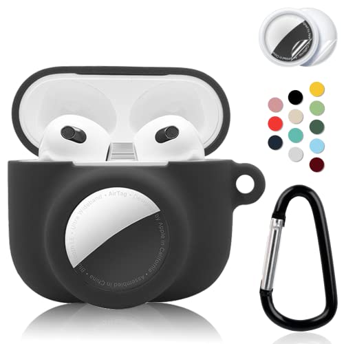 2 in 1 Protective Case Combo Set Compatible for Apple AirPods 3(2021) AirTag, GPS Tracker Holder with 2 PCS TPU Screen Protector&Keychain, Soft Silicone Anti-Lost Anti-Scratch Skin Cover(Black)