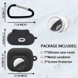 2 in 1 Protective Case Combo Set Compatible for Apple AirPods 3(2021) AirTag, GPS Tracker Holder with 2 PCS TPU Screen Protector&Keychain, Soft Silicone Anti-Lost Anti-Scratch Skin Cover(Black)