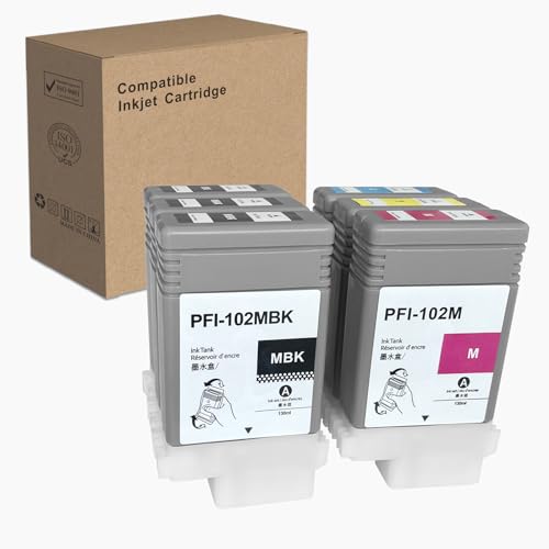 Primer Ink Compatible Canon Ink Cartridge Replacement for PFI-102 ImagePrograf iPF500 510 600 605 610 650 655 700 710 720 750 755 760 765 130ML Ink Cartridge(2MBK, BK, C, M, Y) 6 Pack