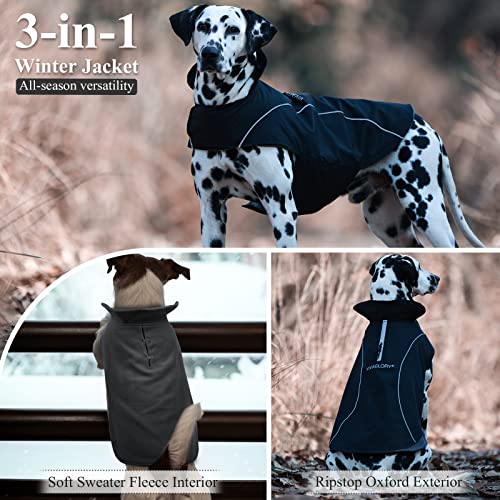 VIVAGLORY 3-in-1 Dog Winter Jackets Lined with Fleece, Reflective Water-Resistant Cold Weather Coats, Wind Breaker, Warm Sweater with Leash Portal, Dog Clothes for Small Medium Large Dogs