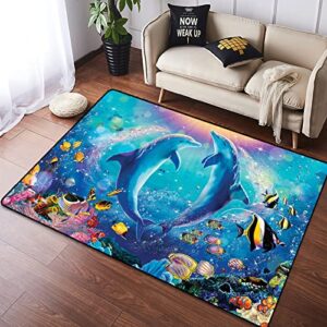 blue dolphin ocean cute animal theme print area rug non slip floor mat absorbent carpet living room bedroom sofa indoor outdoor nursery rugs décor (ocean-7, 39.4" x 62.9"(100cmx160cmx1.2cm))