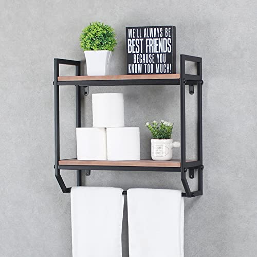 Industrial Bathroom Shelves Wall Mounted,Rustic Pipe Shelving Wood Shelf with Towel Bar,Farmhouse Towel Rack,Metal Floating Shelves Towel Holder,Shelf Over Toilet(Blcak)