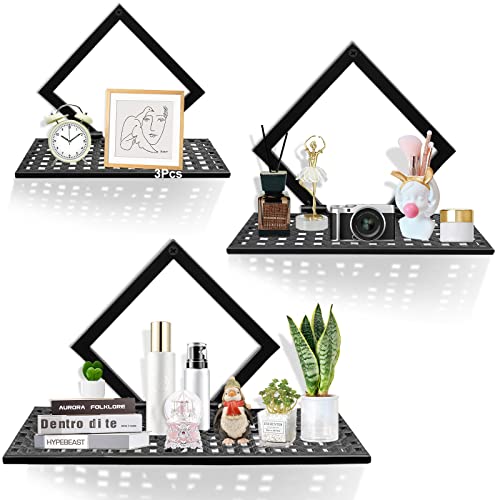 3 Sets Floating Shelves Wall Mounted Decor Display Ledge Shelf, Black Metal Decorative Wall Storage Shelf Organizer, Hanging Wall Shelves for Bedroom Hallway Office Kitchen Living Room(3 Sizes)