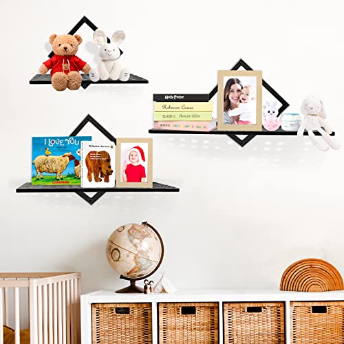 3 Sets Floating Shelves Wall Mounted Decor Display Ledge Shelf, Black Metal Decorative Wall Storage Shelf Organizer, Hanging Wall Shelves for Bedroom Hallway Office Kitchen Living Room(3 Sizes)