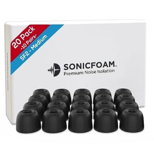 sonicfoam memory foam earbud tips - premium noise isolation, replacement foam earphone tips, 20 pack for in ear headphone earbuds (sf2 medium, black)