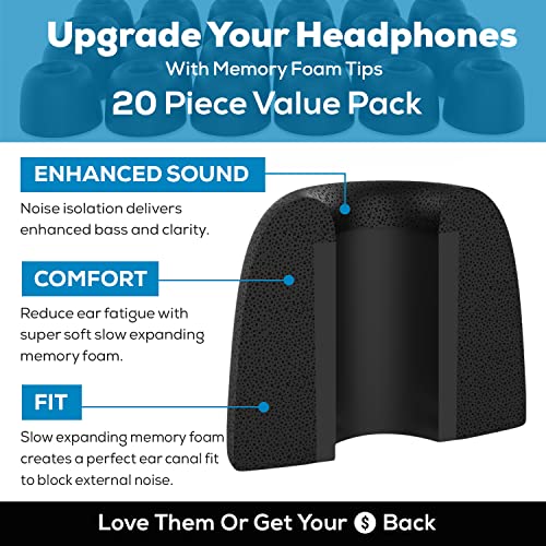SONICFOAM Memory Foam Earbud Tips - Premium Noise Isolation, Replacement Foam Earphone Tips, 20 Pack for in Ear Headphone Earbuds (SF2 Medium, Black)