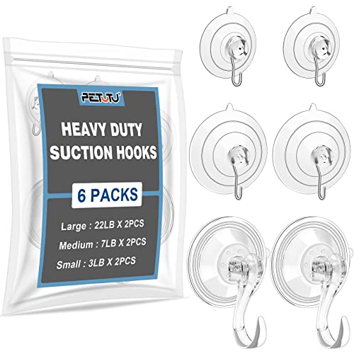 Suction Cup Hooks-6 Packs, Reusable Heavy Duty Wreath Suction Cups Hanger with Hooks for Shower, Glass and Window (2 Large, 2 Medium, 2 Small)