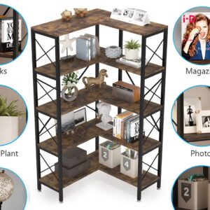 Tribesigns 5-Shelf Corner Bookshelf, Large Modern Corner Bookcase, 5-Tier Tall Corner Shelf Storage Display Rack with Metal Frame for Living Room Home Office (Rustic Brown)