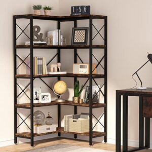 Tribesigns 5-Shelf Corner Bookshelf, Large Modern Corner Bookcase, 5-Tier Tall Corner Shelf Storage Display Rack with Metal Frame for Living Room Home Office (Rustic Brown)