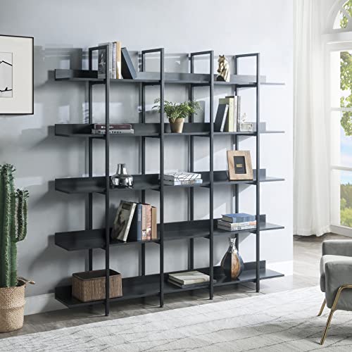 P PURLOVE 5-Tiers Open Bookcase Vintage Industrial Bookshelf Home Office Bookshelf Furniture with Fence