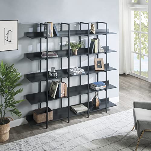 P PURLOVE 5-Tiers Open Bookcase Vintage Industrial Bookshelf Home Office Bookshelf Furniture with Fence