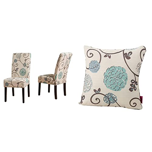 Christopher Knight Home Pertica Fabric Dining Chairs, 2-Pcs Set, White and Blue Floral & Ippolito Fabric Pillow, White and Blue Floral