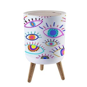 small trash can with lid bright seamless with colorful eyes texture for teenager girls womens garbage bin wood waste bin press cover round wastebasket for bathroom bedroom kitchen 7l/1.8 gallon