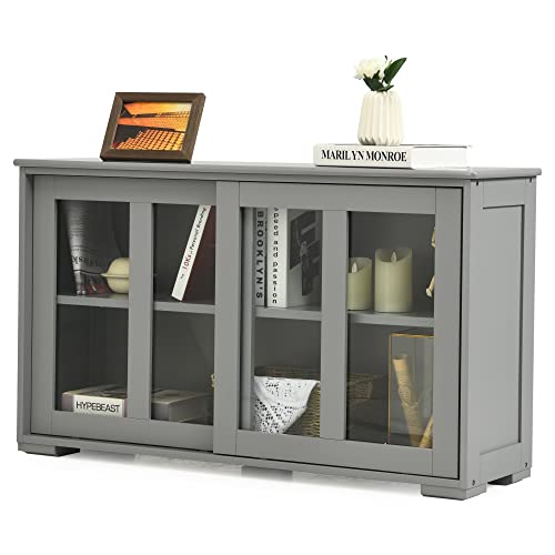 LOKO Stackable Buffet Cabinet, Kitchen Storage Cabinet with Sliding Tempered Glass Doors, Small Sideboard for Kitchen, Dining Room or Living Room, 42 x 13 x 24.5 inches (Grey)