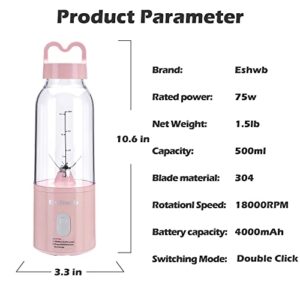 Eshwb Portable Blender for Shakes and Smoothies – 14Oz USB Rechargeable – Multifunctional Smoothie Maker with Ultra Sharp Blades and Non-BPA Blender Bottle – Ideal for Traveling, Gym, Office