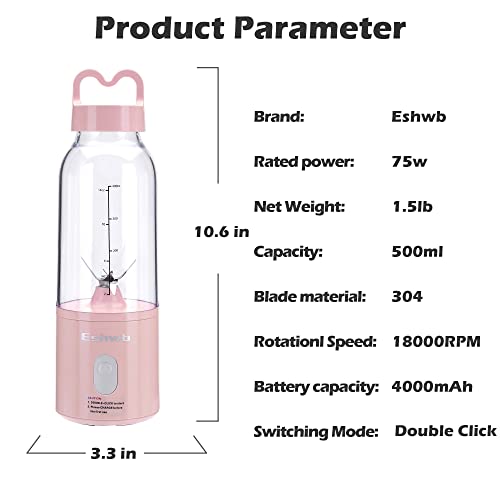 Eshwb Portable Blender for Shakes and Smoothies – 14Oz USB Rechargeable – Multifunctional Smoothie Maker with Ultra Sharp Blades and Non-BPA Blender Bottle – Ideal for Traveling, Gym, Office