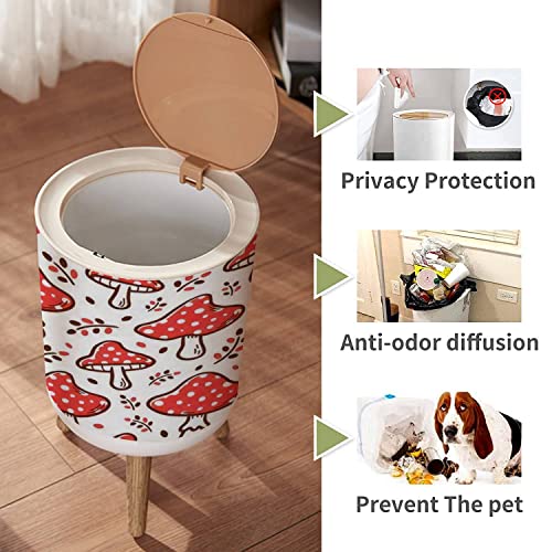 Small Trash Can with Lid mushroom seamless hand drawing doodle cartoon icon design mushroom Garbage Bin Wood Waste Bin Press Cover Round Wastebasket for Bathroom Bedroom Kitchen 7L/1.8 Gallon