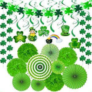 turnmeon st patricks day decorations for the home, shamrocks garland lucky banner with string lights green paper fans, leprechaun hanging swirls, st.patrick's day party decor indoor irish supplies