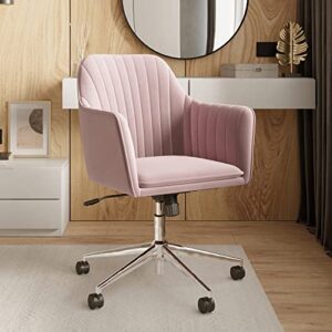 BELLEZE Modern Upholstered Velvet Desk Chair with Swivel Wheels and Adjustable Height, Decorative Rolling Office or Vanity Armchair, Stylish Comfy - Alayah (Pink)