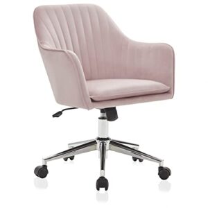BELLEZE Modern Upholstered Velvet Desk Chair with Swivel Wheels and Adjustable Height, Decorative Rolling Office or Vanity Armchair, Stylish Comfy - Alayah (Pink)