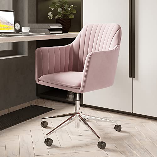 BELLEZE Modern Upholstered Velvet Desk Chair with Swivel Wheels and Adjustable Height, Decorative Rolling Office or Vanity Armchair, Stylish Comfy - Alayah (Pink)